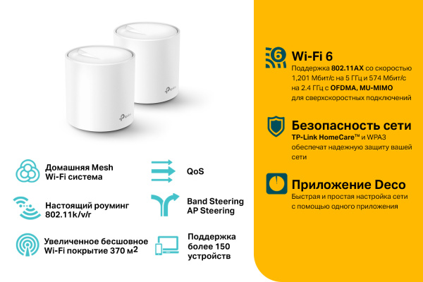 Бесшовный Mesh роутер TP-Link Deco X20 (2-PACK) (DECO X20(2-PACK)) AX1800 10/100/1000BASE-TX белый (упак.:2шт)