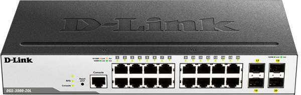 Коммутатор D-Link DGS-3000-20L/B1A (L2) 16x1Гбит/с 4SFP управляемый