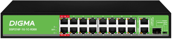 Коммутатор Digma DSP216F-1G-1C-R300 16x100Мбит/с 1x1Гбит/с 1xКомбо(1000BASE-T/SFP) 16PoE 16PoE+ 2PoE++ 300W неуправляемый