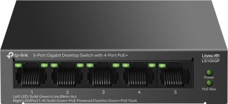 Коммутатор TP-Link LS105GP (L2) 5x1Гбит/с 4PoE 65W неуправляемый