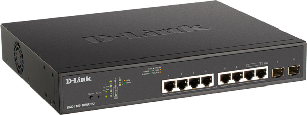 Коммутатор D-Link DGS-1100-10MPPV2/A (L2) 8x1Гбит/с 2SFP 8PoE+ 242W настраиваемый