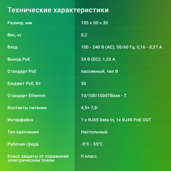 Инжектор PoE Digma DNP30W24GTBP 10/100/1000BASE-T 30Вт 100-240В(АС)