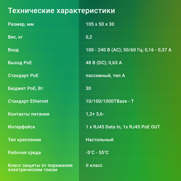 Инжектор PoE Digma DNP30W48GTAP 10/100/1000BASE-T 30Вт 100-240В(АС)