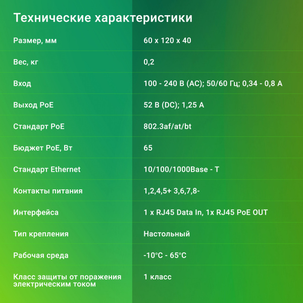 Инжектор PoE Digma DNP65W52GTXP 10/100/1000BASE-T 65Вт 100-240В(АС)